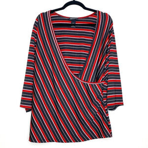 Lane Bryant 18/20 Faux Wrap Blouse Striped Black Red White 3/4 Sleeve Plus Size